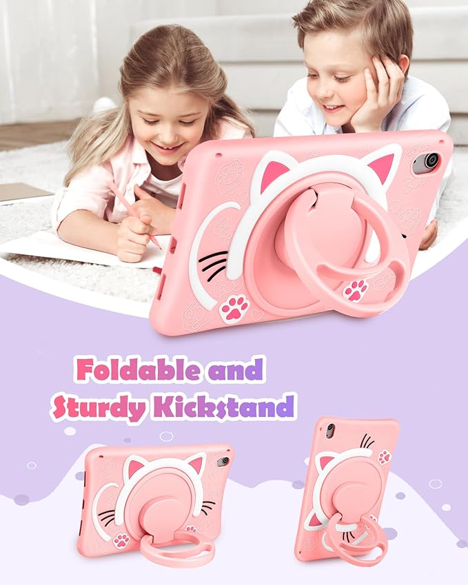 Wazzasoft for iPad A16 Case/10th Generation Case - Soft Silicone Tablet Cover for iPad 11th 11 Inch/10th 10.9 Inch Funda Girls Women 3D Cartoon Cute Cat Kitten with Rotating Stand & Strap