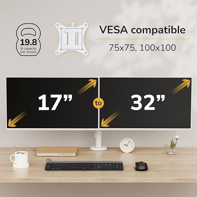 Mount-It! Dual Monitor Mount for Desk, Adjustable Tilt Swivel on Double Monitor Mounts for Screens up to 32”, Dual Monitor Arms for 2 Monitors, VESA 75x75 and 100x100 C-clamp & Grommet in White