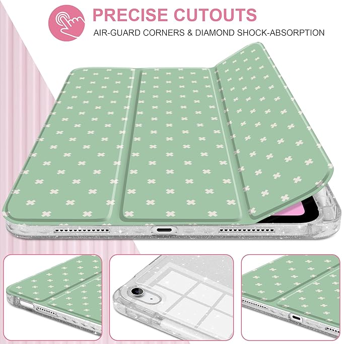 DONGKE for iPad Pro 11 inch Case – Fits M5 2025 / M4 2024, Shockproof Sparkling Glitter Acrylic Back, Pencil Holder, Trifold Stand, Auto Sleep/Wake & Touch ID Support - Green Cross Dot