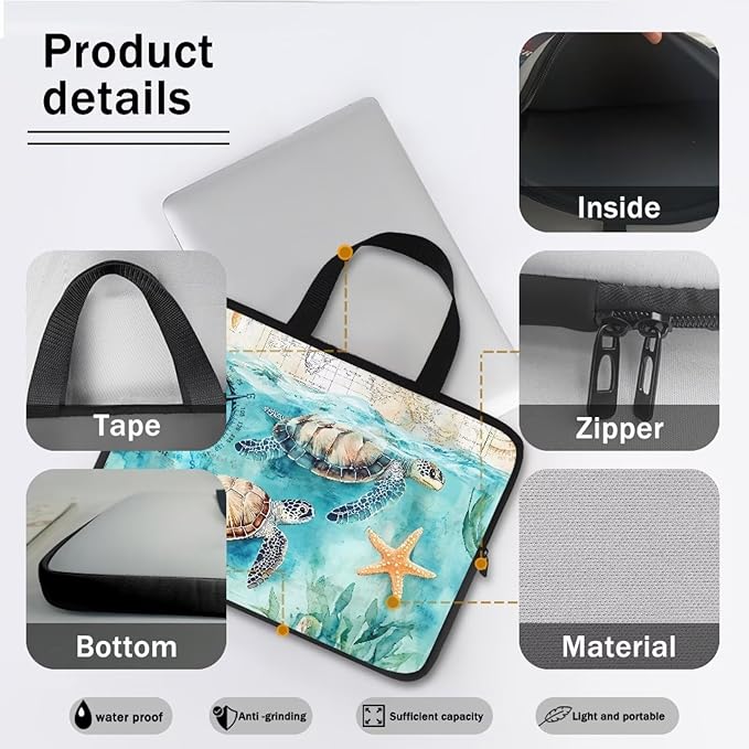 17 Inch Turtle Starfish Laptop Sleeve, Mens Womens Laptop Cover Computer Bag Tablet Carrying Case with Handle, Tote Bags Notebook Case Messenger Briefcase for Work Travel College