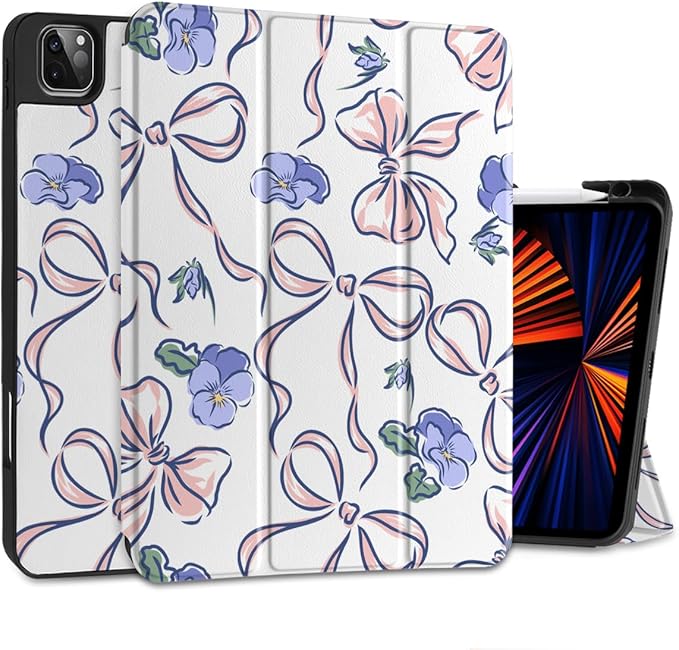 DONGKE Case for iPad Pro 12.9 inch 6th Generation 2022, Built-in Pencil Holder + Trifold Stand + Auto Wake/Sleep + Protective Cover for iPad Pro 12.9 5th/4th/3rd Gen- Pansies Flower