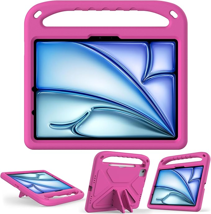 Dteck Kids Case for iPad Air 11 Inch M2(2024),iPad Pro 11 inch M4 2024 Case with Pencil Holder, Shockproof Rugged Protective Handle Stand Kids EVA Foam Case for iPad Air 11"/iPad Pro 11"(2024),Rose