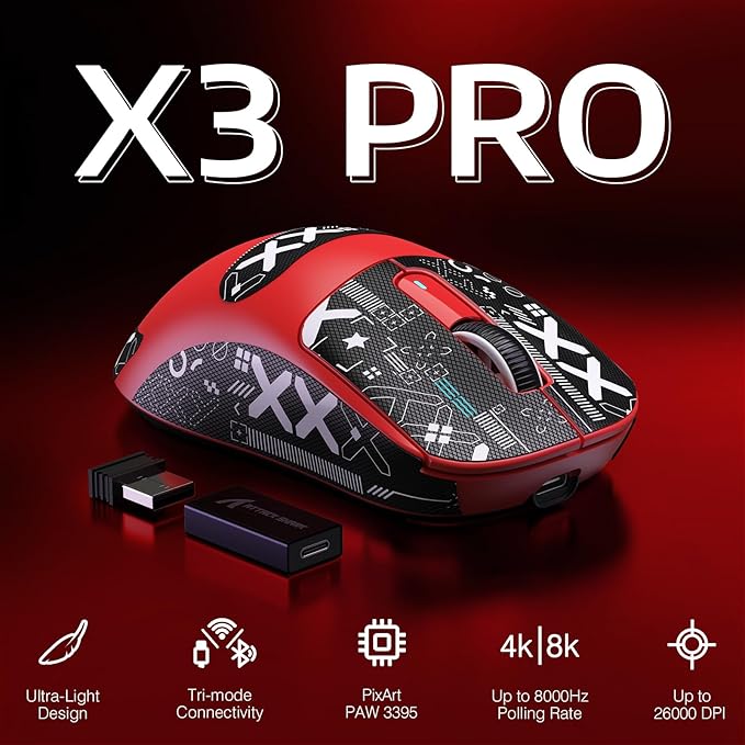 MANBASNAKE Attack Shark X3 Pro 4K/8K Hz Mouse, 59g Superlight BT/2.4G Wireless/Wired Gaming Mouse, PixArt PAW3395 Gaming Sensor, 26000 DPI, Griptape, Programmable Buttons for Win11/Xbox/PS/Mac(Red)
