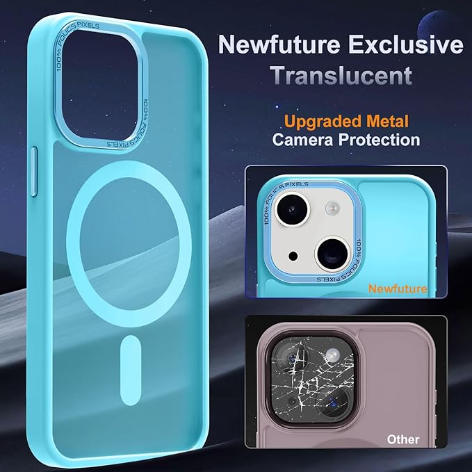 Newfuture Designed for iPhone 13 Case & iPhone 14 Case with Magnetic [13 FT Military Drop Protection] [Compatible with Magsafe] Slim Translucent Shockproof with Anti-Fingerprint Phone Case, Lake Blue