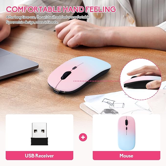 Wireless Bluetooth Mouse,LED Dual Mode Rechargeable Silent Slim Laptop Mouse,Portable(BT5.2+USB Receiver) Dual Mode Computer Mice,for Laptop,Desktop Computer,ipad Tablet,Phone,TV (Pollen blue)