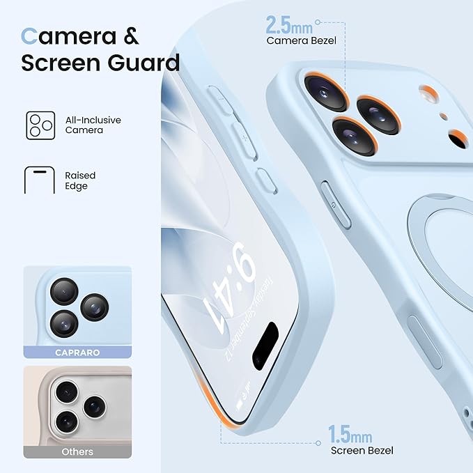 CAPRARO for iPhone 17 Pro Max Case with 360° Spin Magnetic Stand for Women, [Compatible with MagSafe] [Full Camera Protection] Cute Wave Translucent Matte Case for iPhone 17 Pro Max, Light Blue