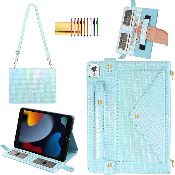 Shiny Case for iPad 6th/5th Gen 9.7 Inch (2018/2017), iPad Pro 9.7"/Air 2, Techcircle Crossbody Iridescent Folio Stand Multi-Pocket Wallet Case with Pencil Holder+Hand/Shoulder Strap, Shiny Blue