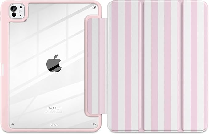 Case for iPad Pro 11 inch (M5) 2025 (M4) 2024 Release with Pencil Holder -Cute Pink White Striped Trifold Cover with Clear Back Auto Sleep/Wake, Aesthetic Soft Protective Skin for Girls Women