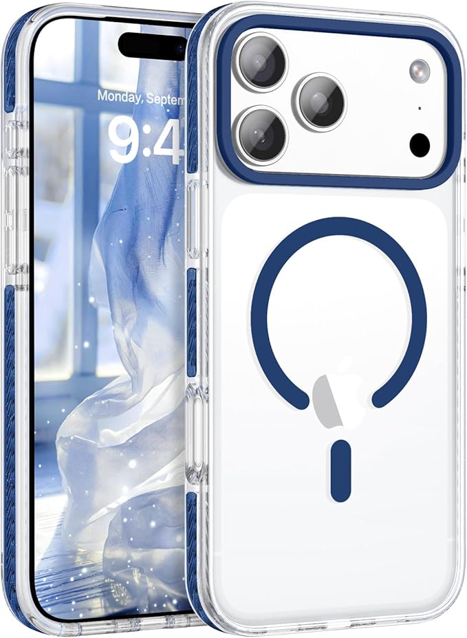 BENTOBEN Magnetic for iPhone 17 Pro Case 6.3", Compatible with Magsafe Military Shockproof Protective Cute Transparent Slim Anti-Yellowing Phone Case for iPhone 17 Pro Cover, Clear Deep Blue