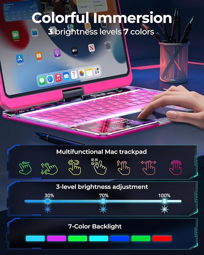 TSQQST Clear Wireless Keyboard Case for iPad Pro 11 Inch (M5/M4) 2025/2024 with Pencil Holder & Multi-Touch Trackpad, Visible PCB, 3-Brightness & 7-Color Backlight, 360° Rotating Stand, Pink