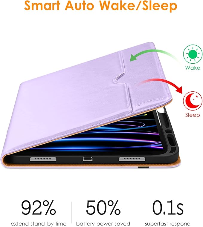 DTTO for iPad Pro 12.9 6th / 5th / 4th / 3rd Generation Case 2022/2021/2020/2018, Leather Folio Stand Cover with Built-in Apple Pencil Holder -Auto Wake/Sleep and Multi Viewing Angles, Lavender