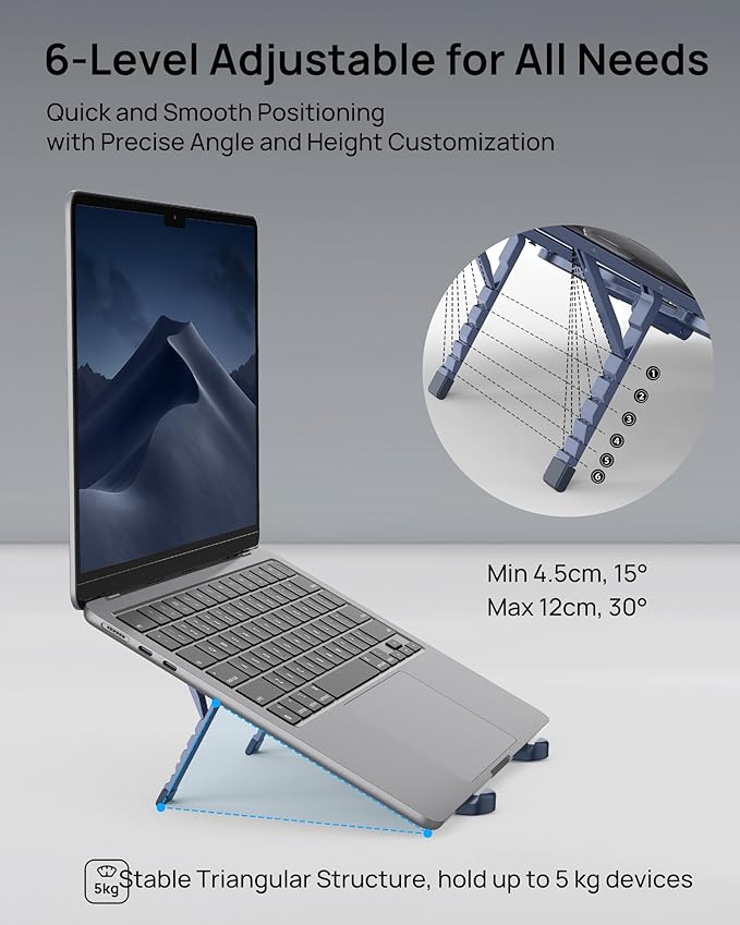 SODI Ultra Compact Foldable Laptop Stand - Portable Laptop Holder for Desk & Travel Use, Adjustable, Ergonomic Aluminum Computer Holder for MacBook, Tablet 10-16" (Blue, Bi-Fold)