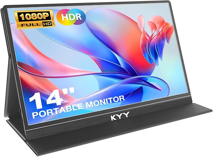 KYY Portable Monitor 14' FHD 1080P - Ultra-Slim Portable Laptop Monitor Computer Display with Type-C HDMI Speakers for Laptop PC Phone Mac PS4 PS5 Xbox Switch