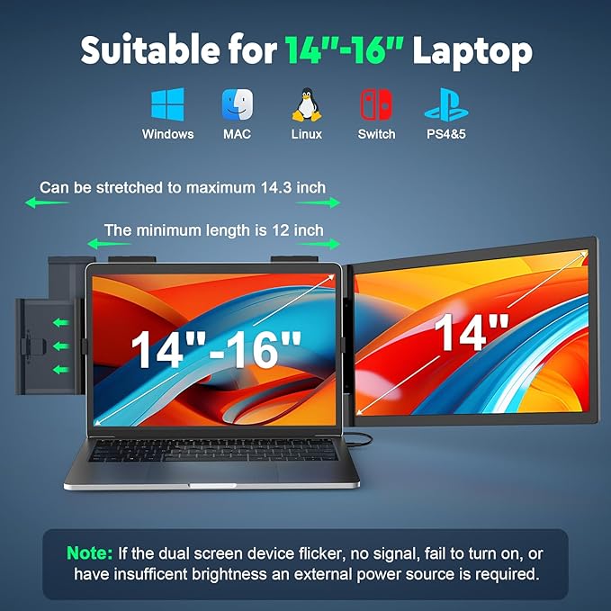 KEEPTIME Laptop Screen Extender, 14" 1080P IPS Laptop Monitor Extender for 14"-16" Laptops, with USB-C/HDMI Port, Plug and Play Portable Monitor for Windows/Mac/Android/Switch/PS5