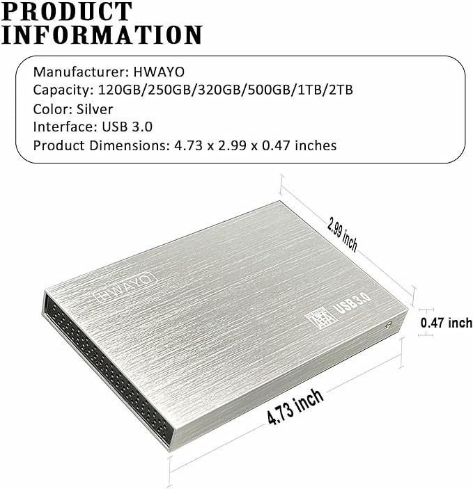 HWAYO 2.5'' HDD 320GB Ultra Slim Portable External Hard Drive USB3.0 Storage for Xbox One Console, PC, Laptop, MacBook (Silver)