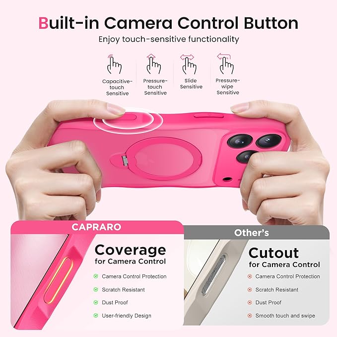 CAPRARO Magnetic for iPhone 17 Pro Case with 360° Spin Magnetic Stand for Women, [Compatible with MagSafe] [Full Camera Protection] Cute Wave Translucent Matte Case for iPhone 17 Pro, Hot Pink