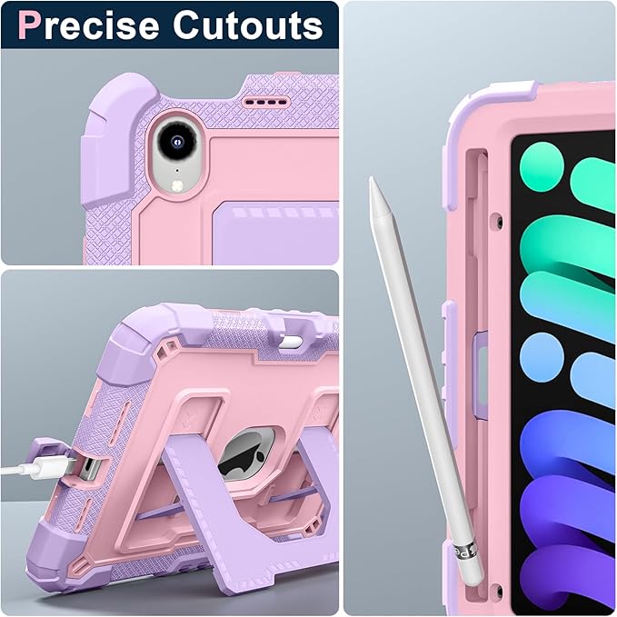 Kids Friendly Case for Apple iPad mini 7 A17 Pro 2024/iPad Mini 6 2021 8.3 Inch 7th/6th Gen Case with Pencil Holder & Shoulder Strap, Shockproof Kickstand Hard Shell Protective Cover,Pink+Purple