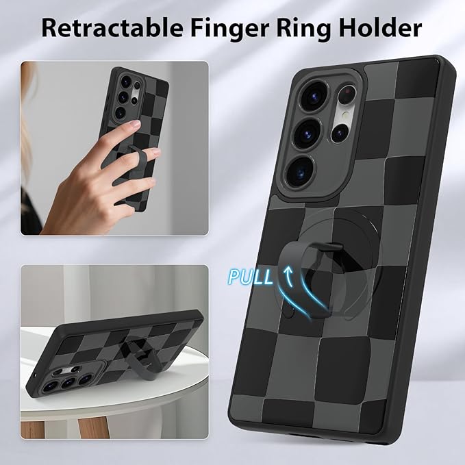 KANGHAR Compatible with Samsung Galaxy S25 Ultra Case, Support for MagSafe, Silicone Checkered Cute Pattern, Wristband Kickstand Camera Protection Soft Slim Cover for Girls Women -Black