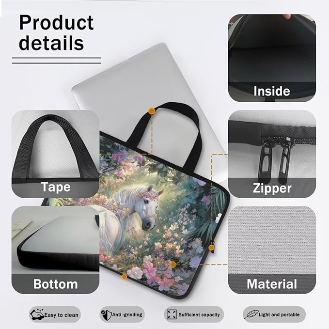 17 Inch Horse Flowers Laptop Sleeves, Zippered Computer Bag Waterproof Tablet Carrying Cover, Laptop Organizer Tote Bag Portable Notebook Handbag, Back to School Supplies College