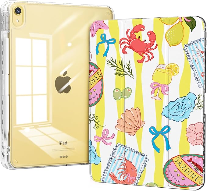Slim Case for iPad 11th Generation A16 Chip 2025, iPad 10th Generation Case 10.9" 2022 with Pencil Holder, Lightweight Transparent Clear Back Cover, Trifold Stable Stand, Beach Foods