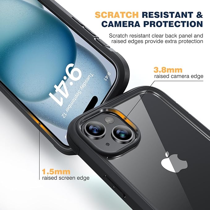 Diaclara Designed for iPhone 15 Case, Full Body Rugged Case with Built-in Touch Sensitive Anti-Scratch Screen Protector, with Camera Lens Protector for iPhone 15 6.1" (Black and Clear) | Full Body