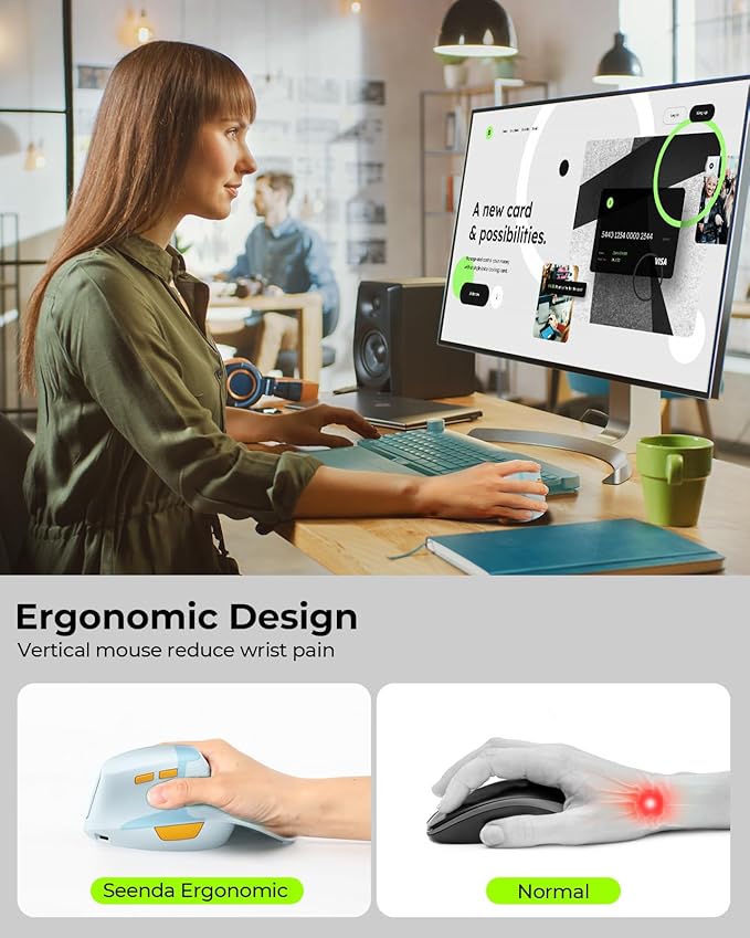 Seenda MOE302 Vertical Ergonomic Mouse with Palm Rest, Rechargeable Wireless Mouse for Wrist Pain Relief, One-Click Desktop Shortcut, Silent Click, 4 DPI, USB & Type-C Receiver, for Laptop & PC (Blue)