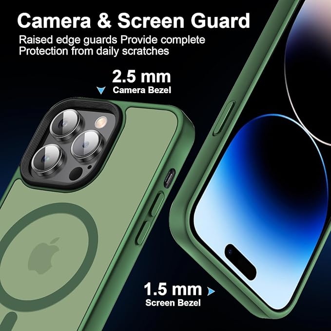 Magnetic Case for iPhone 14 Pro Max Case [10FT-Grade Drop Tested & Compatible with MagSafe] Translucent Anti-Fingerprint Anti Shockproof Protective Shell 6.7 Inch, Alpine Green