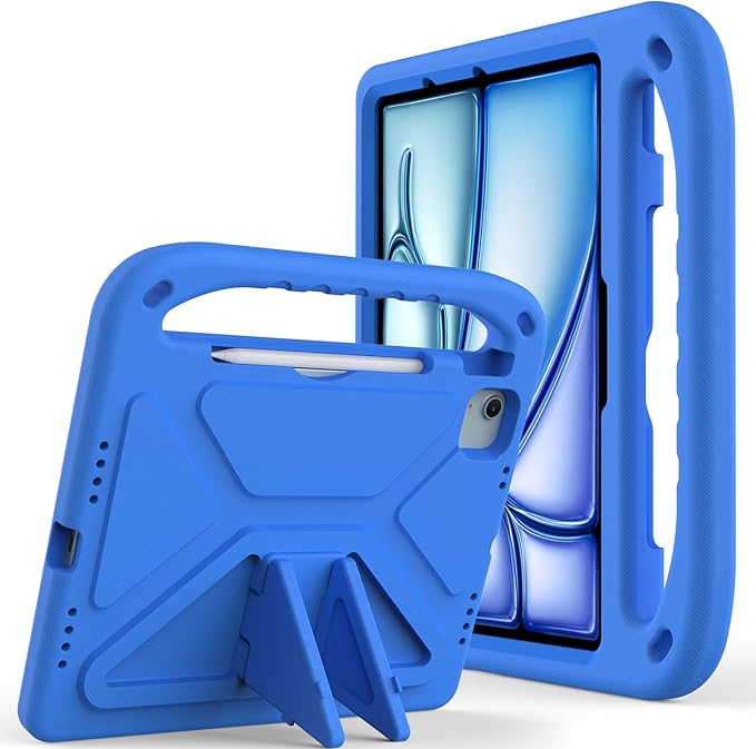 Kids Case for iPad Air 11 inch M4/M3/M2 (2026/2025/2024) & iPad Pro 11 inch M5/M4 (2025/2024) with Pencil Holder/Handle/Kickstand Lightweight Shockproof Cute Soft EVA Foam Stand Cover, Blue