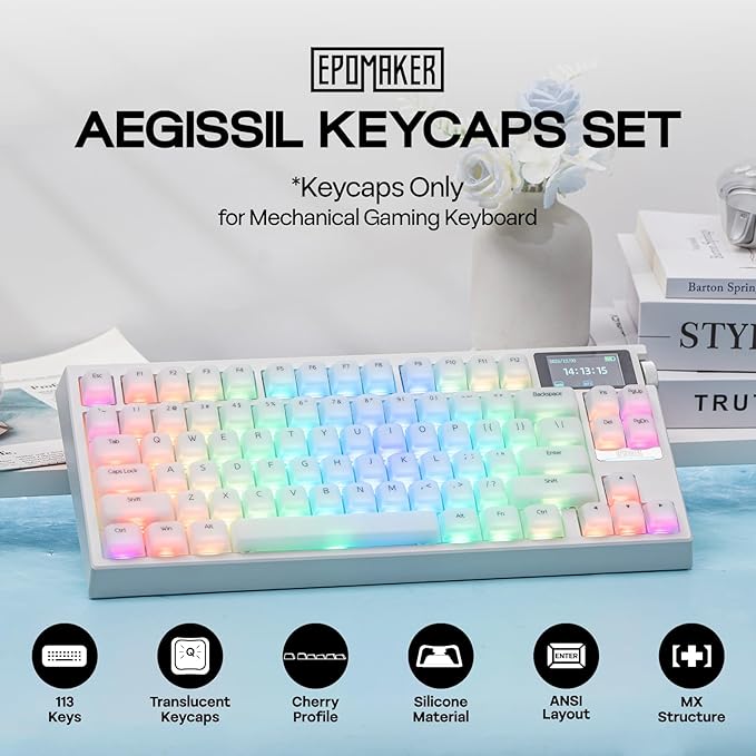EPOMAKER AegisSil Keycap Set, Silicone Material, Cherry Profile, 113 Keys, 65%/75%/96%/Full Size, Custom Keyboard Keycaps Set for Cherry MX, Kailh, Outemu, Gateron Mechanical Gaming Keyboard (White)