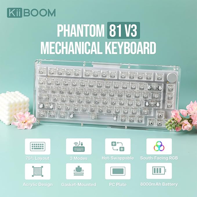 KiiBoom Phantom 81 75% Transparent Mechanical Gaming Keyboard, Hot Swappable Custom Gasket Keyboard with RGB Backlit, Clear Keycap, Rechargeable Battery, Triple Mode for Win/Mac (Phantom 81 V3 Clear)