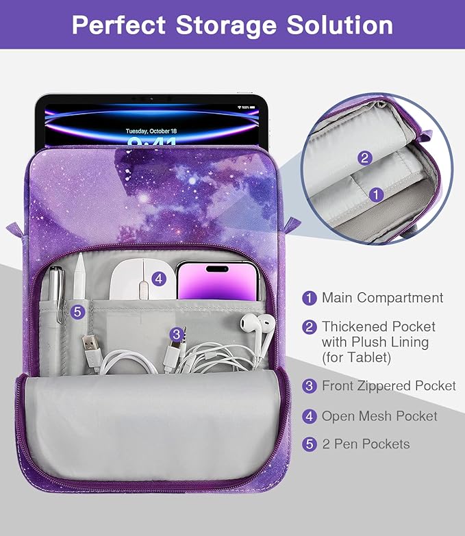 MoKo 13 Inch Tablet Sleeve Bag, Fits with 13 Inch New iPad Pro M5 & Air M4/M3, iPad Pro 12.9 M2&M1,Surface Laptop Go 12.4,Tab S8+/S9+ 12.4,Handle Carrying Case with Shoulder Strap, Purple Starry Sky