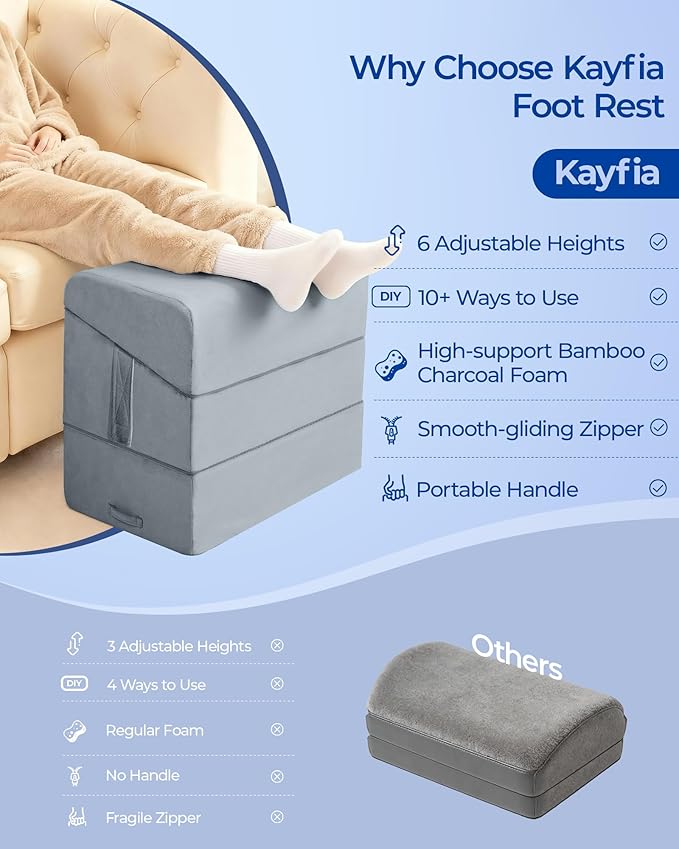 Kayfia 6 Adjustable Heights Foot Rest for Under Desk at Work, Ergonomic High-Density Bamboo Charcoal Foam Footrest, with Washable Cover, Multifunctional Leg Rest Back Pillow for Office Home