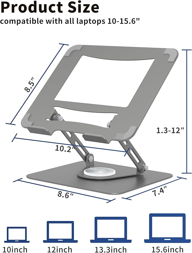 ALASHI Laptop Stand for Desk with 360° Rotating Base, Multi-Angle Adjustable Laptop Stands, Foldable Laptop Riser Compatible with 10 to 15.6 Inches PC Computer, Grey