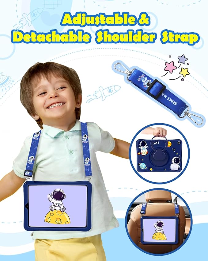 Wazzasoft for Samsung Galaxy Tab S6 Lite 10.4” Case Boys Cute Astronaut Cover Kawaii 3D Cartoon Spacemen Fun with Rotating Handle Stand + Strap Soft Silicone Funda for Samsung S6 Lite Tablet Cases