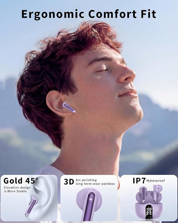 Wireless Earbuds, 2026 Bluetooth 5.4 Headphones Bass Stereo Ear Buds with Noise Cancelling Mic, LED Display in Ear Earphones 50H Playtime Ear Buds, IP7 Waterproof for Laptop Pad Phones Purple