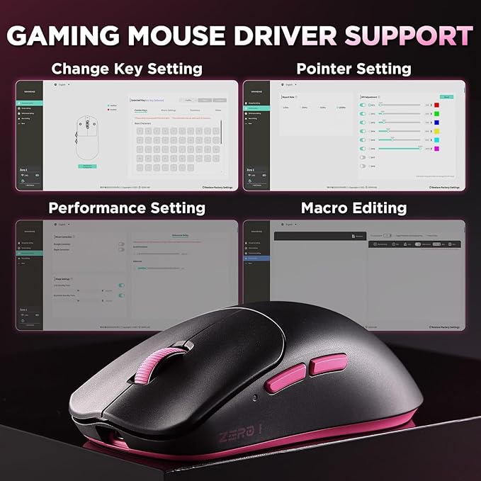 Zero 1 Pro Gaming Mouse,55g Ultralight Wireless Mouse, PAW3311 12K DPI, Tri-Mode 2.4G/Bluetooth/USB-C,Programmable Ergonomic Design,for Laptop/PC/Mac(Black & Pink)