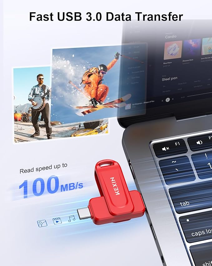 KEXIN Dual 32GB Flash Drive USB-A & Type-C Thumb Drive 3.0 100MB/s Swivel USB Drive 32GB Memory Stick for Smartphone Tablet iPhone 15/16 Car Game Console, Red