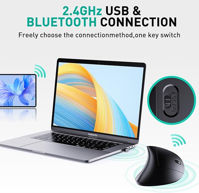 JYKEYMOUT Bluetooth and 2.4G (2-in-1) Rechargeable Wireless Mouse, Ergonomic Vertical Design, 1000/1200/1600 DPI, 6 Silent Buttons, for Laptop, Computer, PC, MacBook, Chromebook-Black