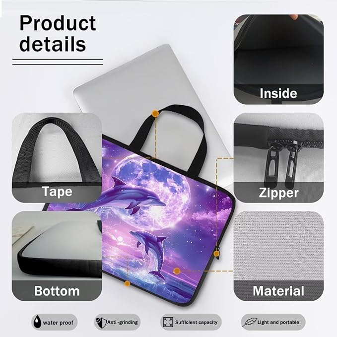 Purple Dolphin Full Moon Laptop Case 12 Inch, Waterproof Laptop Sleeve for Women Men, Portable Laptop Cover Computer Carrying Bag Cases with Handle, Fits Tablet/Notebook/Reader