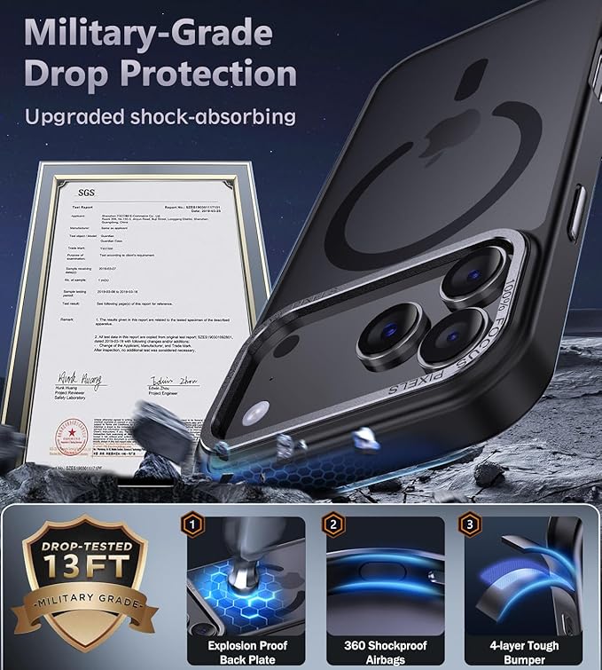 Newfuture Magnetic for iPhone 17 Pro Case [Compatible with Magsafe] [Military Grade Drop Protection] Translucent Matte Anti-Scratch Shockproof Protective Phone Cover 6.3 Inch, Black