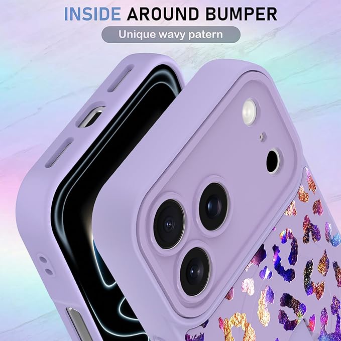 KANGHAR Compatible with iPhone 17 Pro Max Case, Support for MagSafe, Silicone Cute Iridescent Leopard Cheetah Pattern, Wristband Kickstand Shockproof Protective Slim Cover for Women Girls, Purple