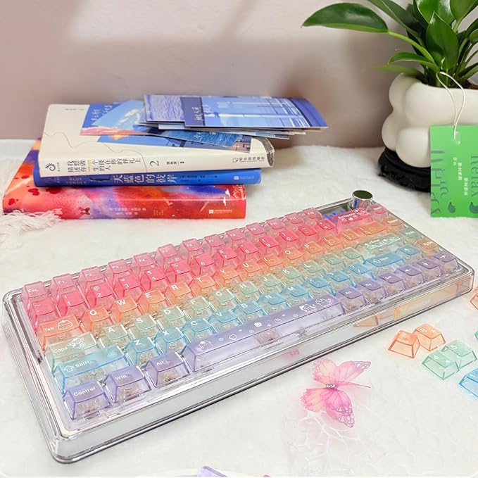 115 Keys Rainbow Keycaps, PC Translucnt Backlit Custom Keycap Set for Cherry Profile, Cute Frosted Clear Key Caps for MX Switches Mechanical Gaming Keyboard