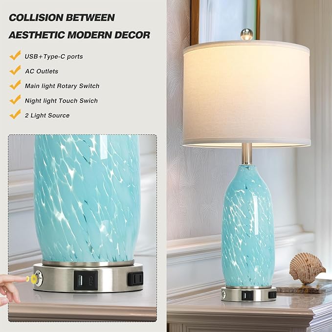 Rinweey 26" Bule Glass Table Lamps Set of 2,Nautical lamp with USB A+C Ports & AC Outlet,Coastal Bedside Lamps with 3-Way Dimmable Touch Control Night Light for Bedroom Living Room,Sky Blue