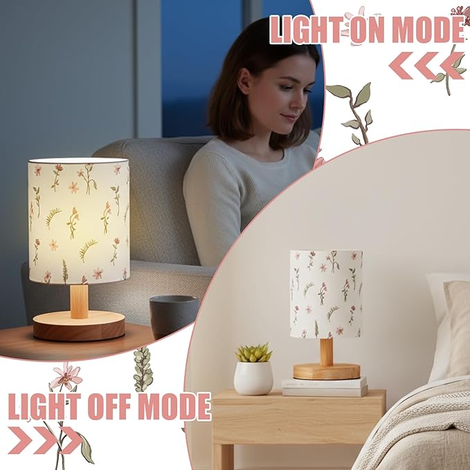 VIHOSE Boho Floral Bedside Table Lamp Vintage Nightstand Lamp with Linen Fabric Shade Solid Wood Base Decoration for Kids Living Room Bedroom Desk Dorm