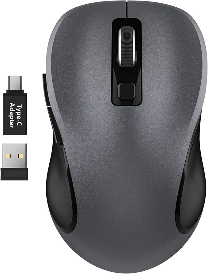 WisFox 2.4G Wireless Mouse for Laptop, Ergonomic Computer Mouse with USB Receiver and Type-C Adapter, 3 Adjustable Levels, 6 Button Cordless Mice for Windows Mac PC Notebook (Grey and Black)