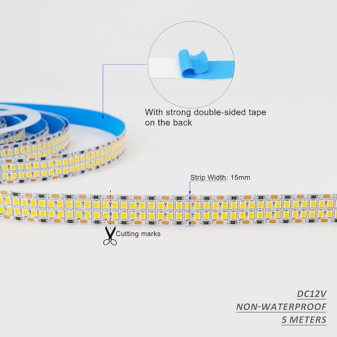 LEDENET 2835 SMD Warm White LED Strip Lights 3000K DC 12V 2400 LEDs 16.4ft/5M Double Row Flexible LED Strip Tape Light Ribbon Lamp LED Dimmable Strips for Bedroom Lighting