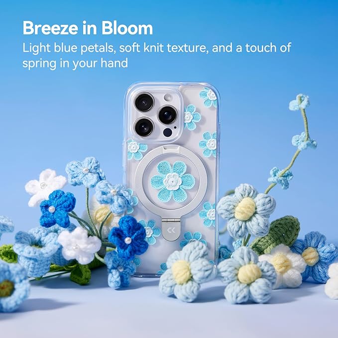 CASEKOO Floral Series Blue Flowers for iPhone 16 Pro Case with Magnetic Ring Stand [Compatible with MagSafe] [Military-Grade Protection] Fashion Clear Back, Soft Edge, for Women