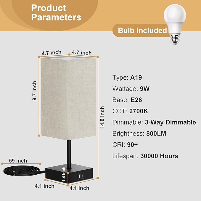 Bedside Lamps, Table Lamp with USB C+A Charging Ports, 3 Way Dimmable Touch Control, Small Nightstand Lamps for Bedroom, Home Decor, Living Room, LED Bulbs Included, Upgraded Beige