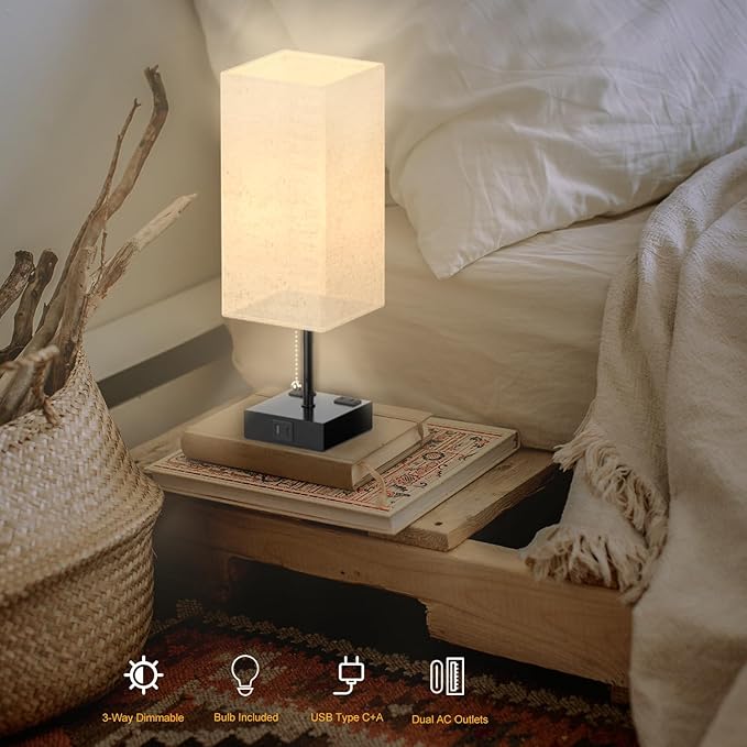 YIDPU Table Lamp for Bedroom with USB,Bedside Lamp with USB C+A Charging Ports,Adjustable 3color LED Light for Home Decor/Nightstand/Office,Included Bulb and Fabric Lamp Shade (Linen White, 2PCS)