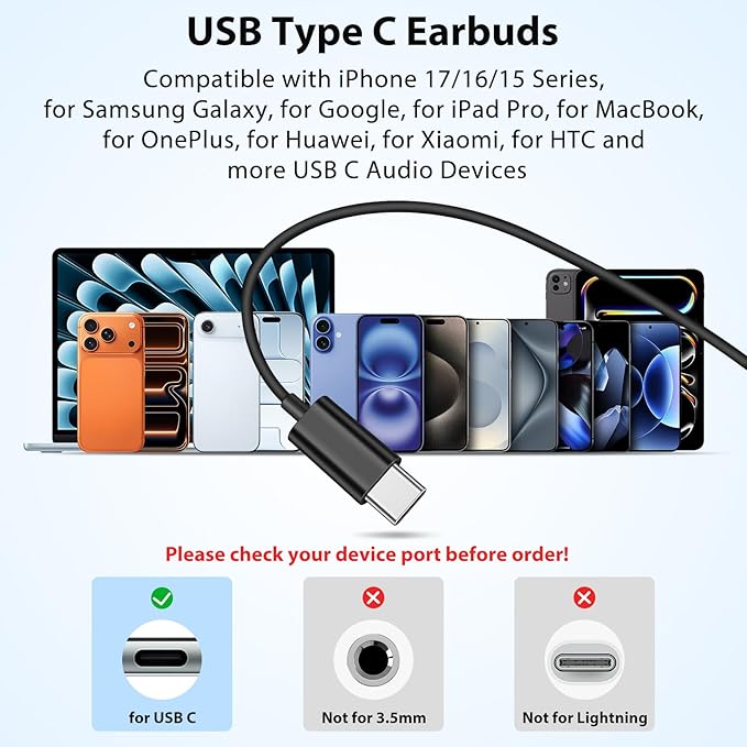 APETOO USB C Headphones with Earhook Mic & Volume Control, Type C Workout Wired Earbuds HiFi Stereo Sound in-Ear Sports Earphone for iPhone 17 16 15/Samsung/Google Kids Chromebook Laptop Travel, Black